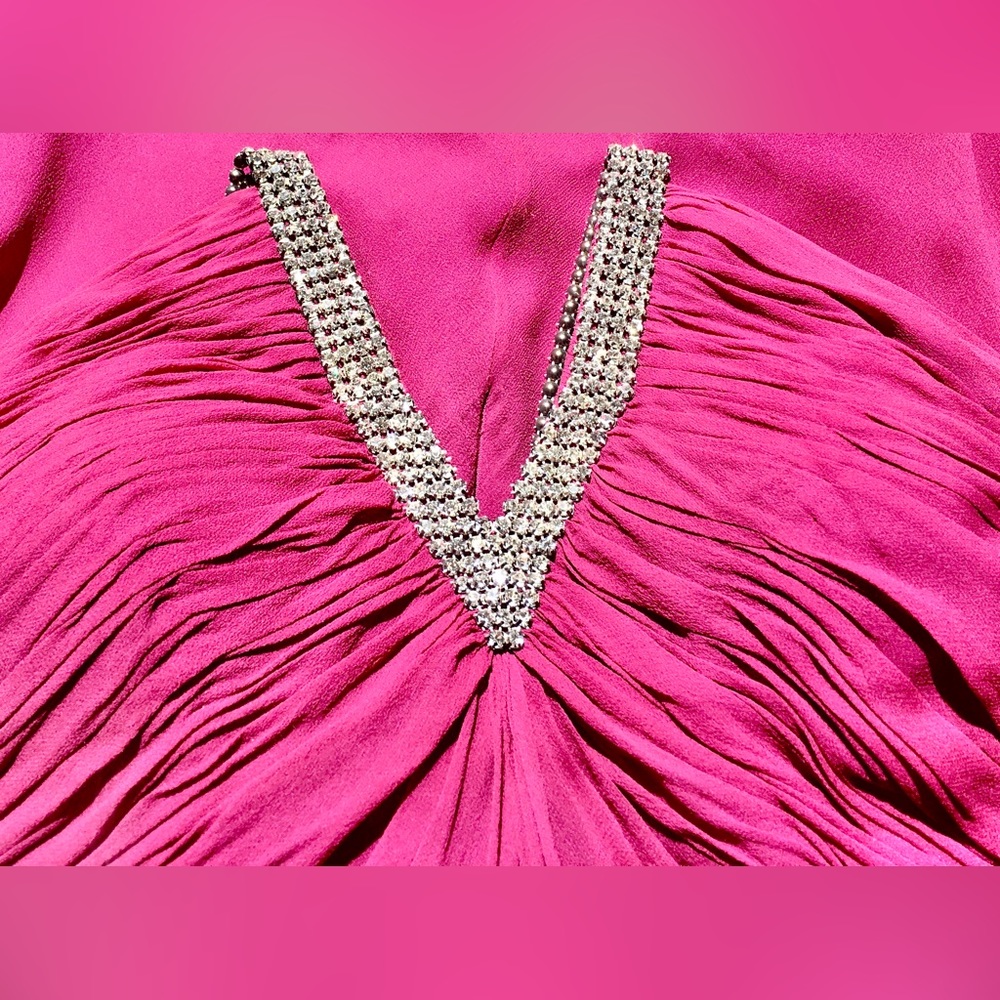VINTAGE Pink empire waist silk maxi dress halter top deep V neck rhinestones Sz6 - Picture 7 of 14